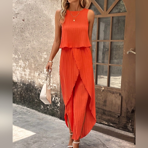 Tops - Solid Tank Top & Wrap Hem Pants